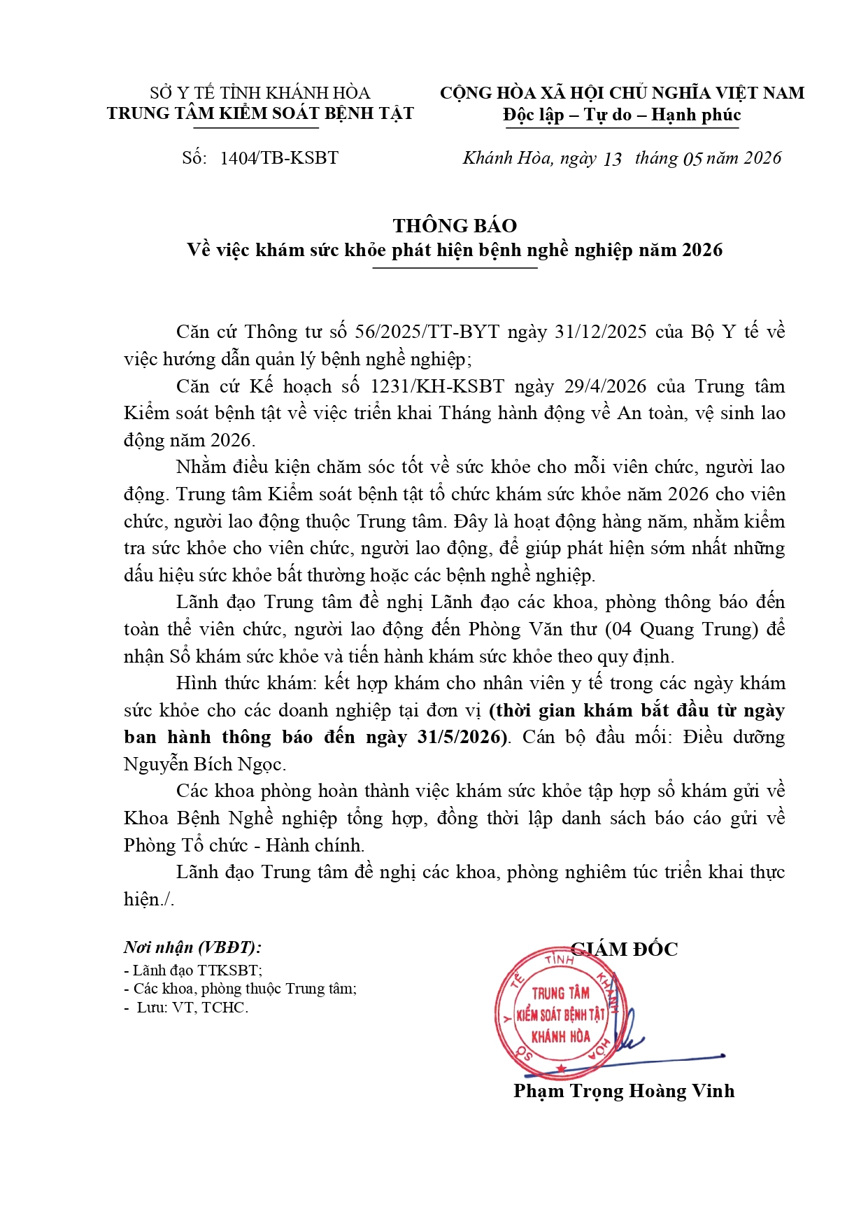 THÔNG BÁO Về việc khám sức khỏe phát hiện bệnh nghề nghiệp năm 2026